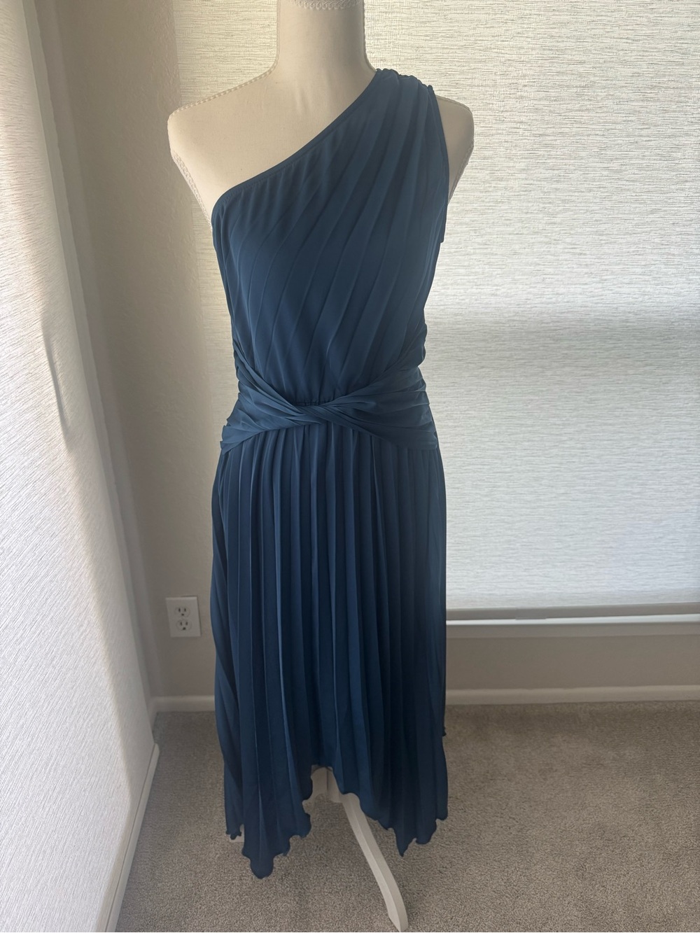 Asymmetrical One-Shoulder Pleated Dress in Deep Blue